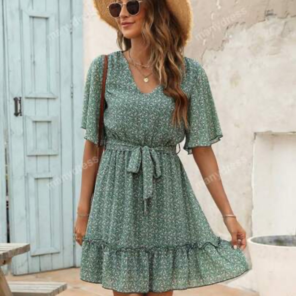 Floral Print Butterfly Sleeve Ruffle Hem Belted Dress Sz L